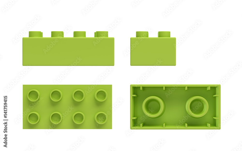 Poster 3d rendering of a green toy block shown from side, front and bottom view.