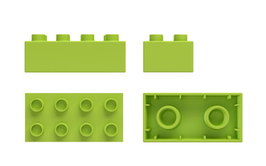 3d rendering of a green toy block shown from side, front and bottom view.