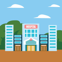 Hospital building isolated with landscape as trees, sky and clouds.