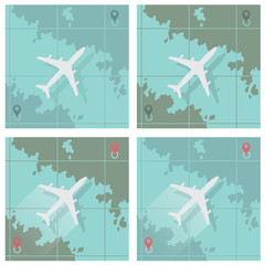 Vector illustration depicting four images consisting of an airplane and a map