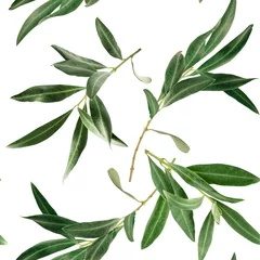 Zelfklevend Fotobehang Olijfboom Naadloos patroon met olijfboomtakken op wit
