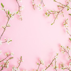 Obraz na płótnie Canvas Spring flowers isolated on pink background. Flat lay, top view. Spring time background.