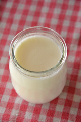 yogurt in a jar on a gingham tablecloth