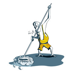 Funny Cartoon Clean Worker Ape Monkey Wistling Retro Vintage Swimsuit