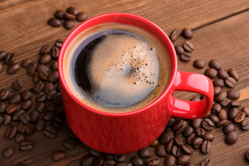 Coffee beans. Good morning. Roasted coffee beans background close up. Coffee beans pile from top with copy space for text. Coffee house.
