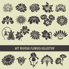Naklejka premium Set of floral elements and silhouettes of flowers, ornamental patterns for using in invitation cards, ornaments, wedding invitations, etc. Art Nouveau style