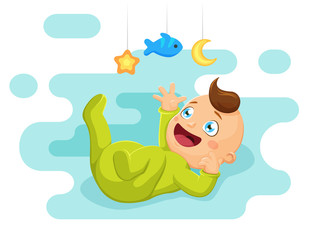 Cute baby lies and playing toys. Vector illustration