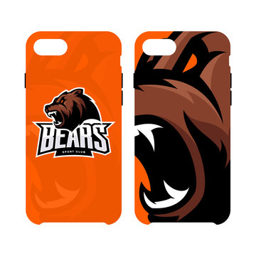 Furious bear sport vector logo concept smart phone case isolated on white background.
Premium quality wild animal artwork cell phone cover illustration.