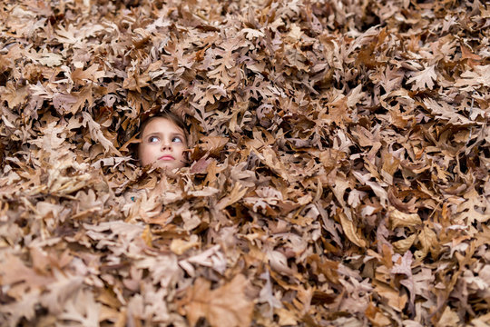 Child under pile of leaves with face exposed