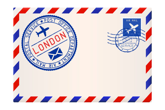 International air mail envelope from LONDON. With round blue postal stamp