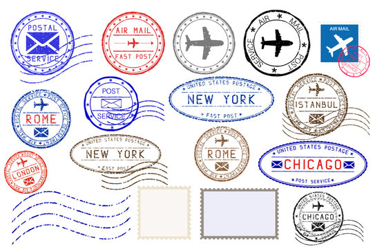 Collection of colored postal stamps from different cities