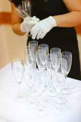 The waiter places clean glasses