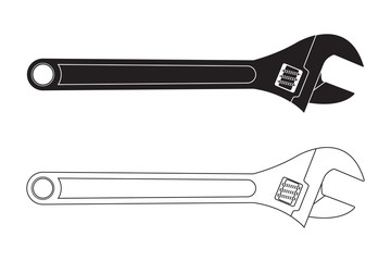 Adjustable wrench. Black and white icons