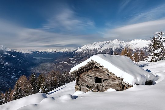 Snow chalet at Orobie  Alps, Valtellina, Lombardy, Italy.