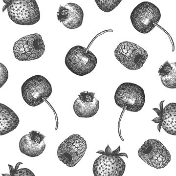 Seamless pattern design or background with berries. Can be used for natural or organic fruit products and health care goods.