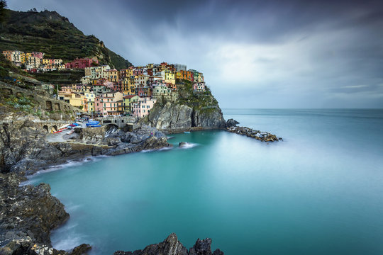 Long exposure of Manarola, Cinque Terre, Riviera di Levante, Liguria, Italy