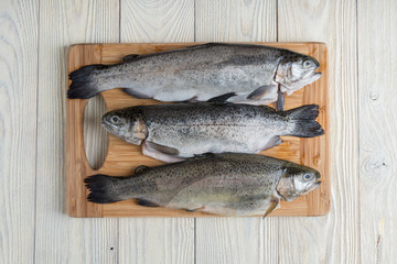 Raw trout on a wooden background