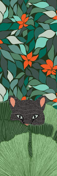 Creative Tropical Bookmark Illustration. Wild Feline Stalking. Hand drawn textures 