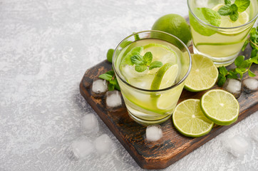 Cold refreshing summer drink with lime and mint in a glass on a grey concrete or stone background.