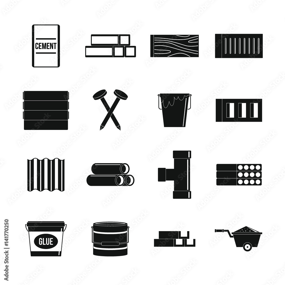 Poster building materials icons set, simple style