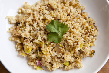 cooked integral rice with vegetables, closeup