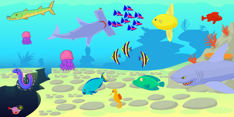 Naklejka na ściany i meble Ocean fish scene horizontal banner, cartoon style