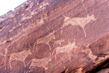 The famous prehistoric rock engravings at Twyfelfontein, tourist attraction and travel destination in Namibia, Africa.
