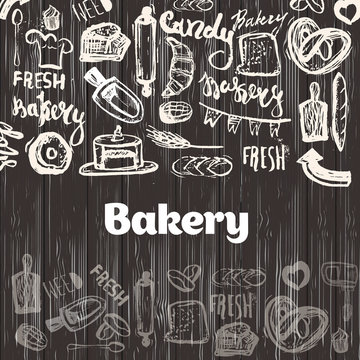 Hand drawn vector collection of baking goodies, sweets, cakes and pastries. Bakery Sketch Background for confectionery, bakery shops, site banners. Can be used for menu, cards, blogs, wrapping paper