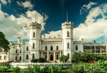 Fototapeta na wymiar great White Swan castle in Sharivka park, Kharkiv region, Ukraine
