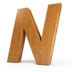 3d Rendering wood material italic letter N isolated white background