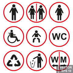 Toilet signs. Pointer. Man. Female. Public place. For your design.