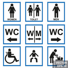 Toilet signs. Pointer. Man. Female. Public place. For your design.