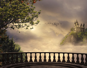 Fantasy castle and balcony in the mountains. 3D rendering - 141775056