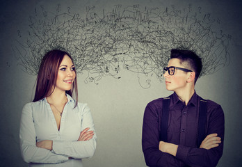 man and woman looking at each other exchanging with many thoughts