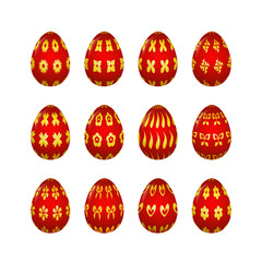 set of 12 red Easter eggs with golden floral patterns isolated on the white background
