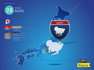 Obraz na płótnie Canvas Sign of Japan in Road Style on Map JAPAN. AICHI Prefecture with Information Area Ranked & Capital City Name, vector art image illustration