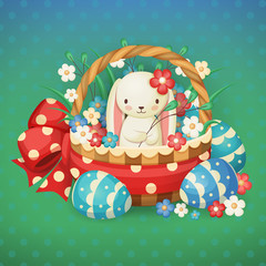 Vector illustration for the Easter holiday. Rabbit in a basket with flowers and eggs.