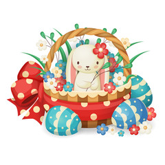 Vector illustration for the Easter holiday. Rabbit in a basket with flowers and eggs.