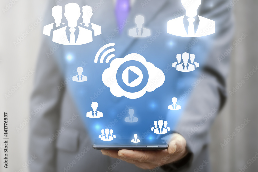 Poster live streaming social media network business web concept. businessman offers smartphone with cloud p