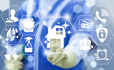 Cleaning service business concept. Cleaner touched clean house car icon on virtual screen. Company a professional cleanup house, office, automobile