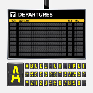 Airport Board Vector. Mechanical flip airport scoreboard. Black airport and railway timetable departure or arrival. Destination airline board abc. Vector airport board isolated