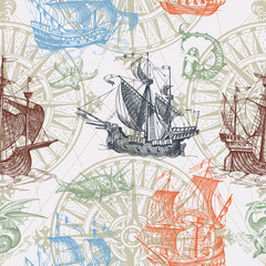 Old caravel, vintage sailboat, sea monster. Vector seamless pattern