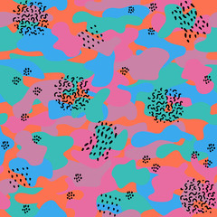 Obraz premium Camouflage seamless pattern in a violet, green, orange and pink colors. With waves, points and footprints in black.