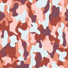 Camouflage seamless pattern in a brown, blue, pink and deep violet colors.