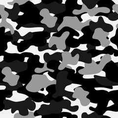 Camouflage seamless pattern in a black, white, grey and deep gray colors.