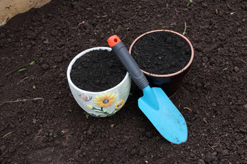 Ceramic flowerpots filled with the fresh soil for planting and a garden trowel in the polycarbonate greenhouse prepared for wintering