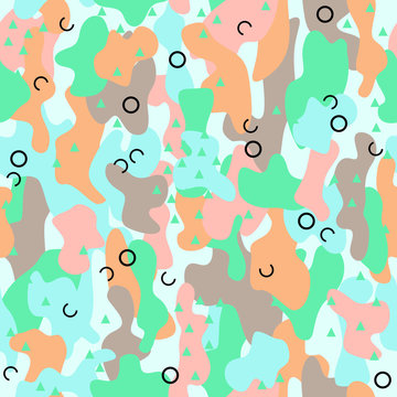 Memphis camouflage seamless pattern in a brown, white, grey, green, blue and pink colors.