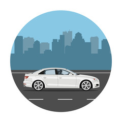 Car on the road over city background. Man driving the white sedan. Vector illustration. Flat design, without gradients.