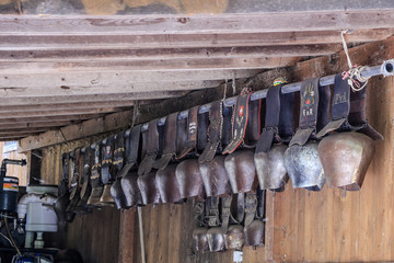 group of cow bells in line on fence