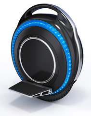 Black mono wheel with blue backlight. 3d image isolated on white - obrazy, fototapety, plakaty